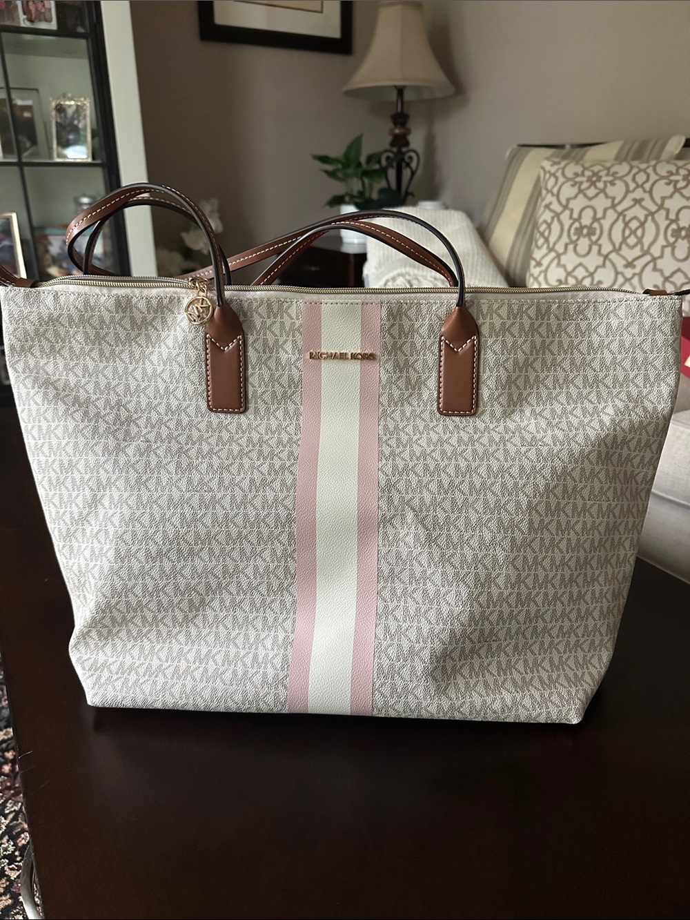 Michael Kors Cream and Pink Stripe Logo Tote - Picture 4 of 8